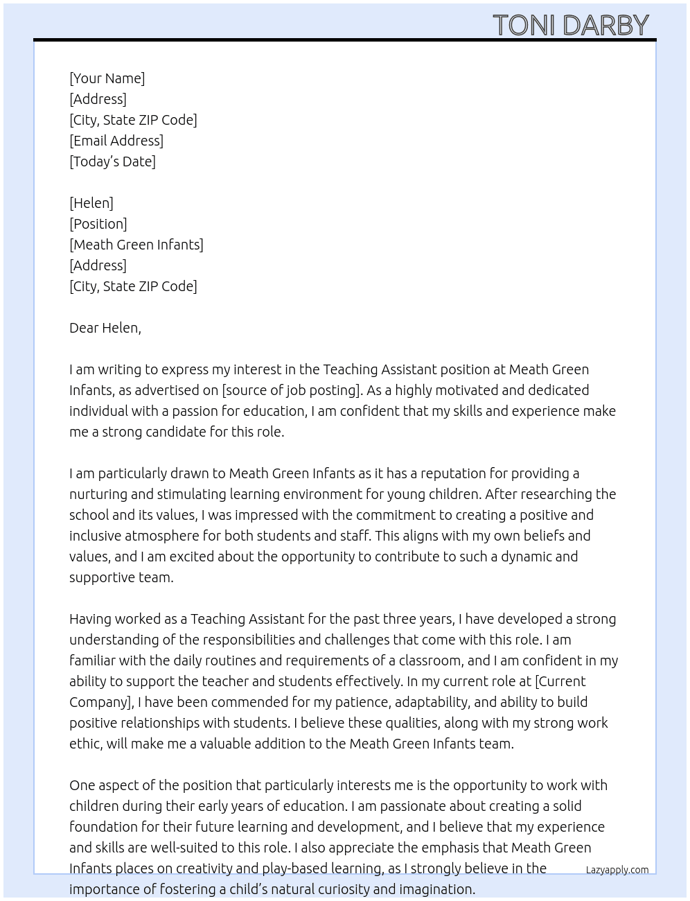 Teaching assis At Meath green infants  Cover Letter