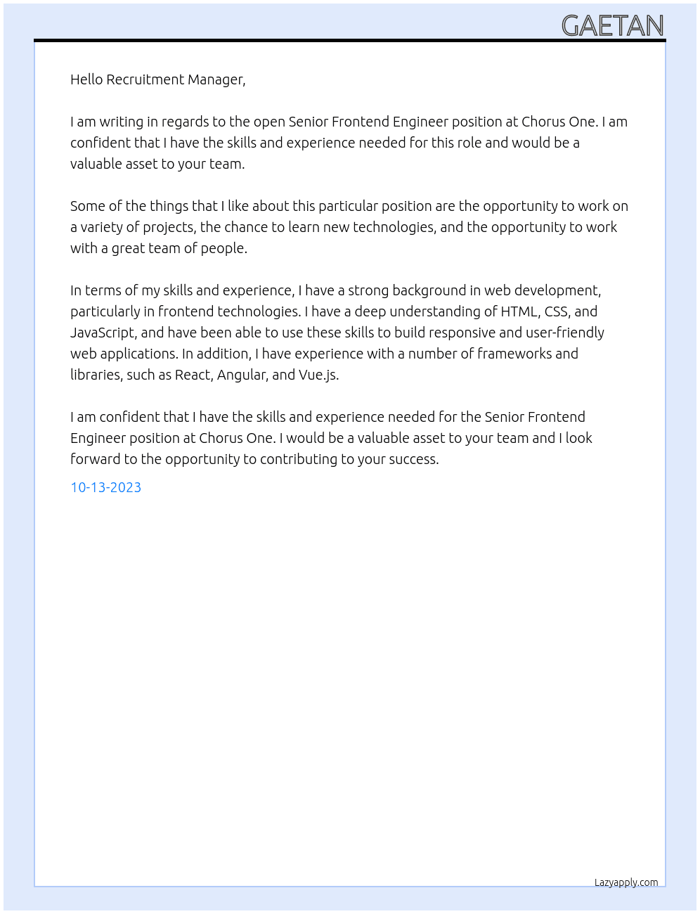 Senior Frontend Engineer At Chorus One Cover Letter