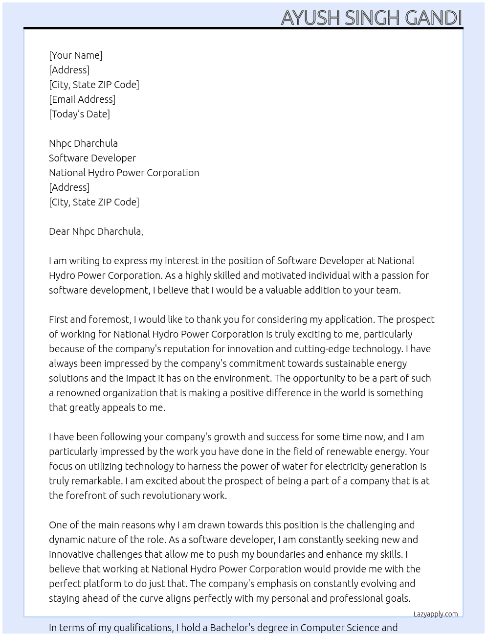 Software Devloper  At National Hydro Power Corporation  Cover Letter