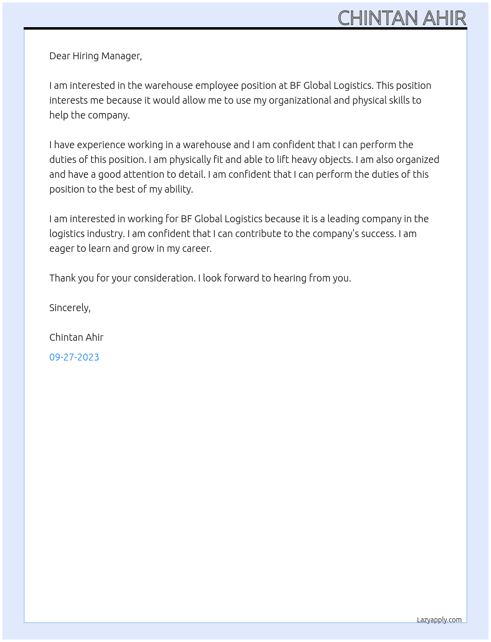 Warehouse employee  At BF Global Logistics Cover Letter