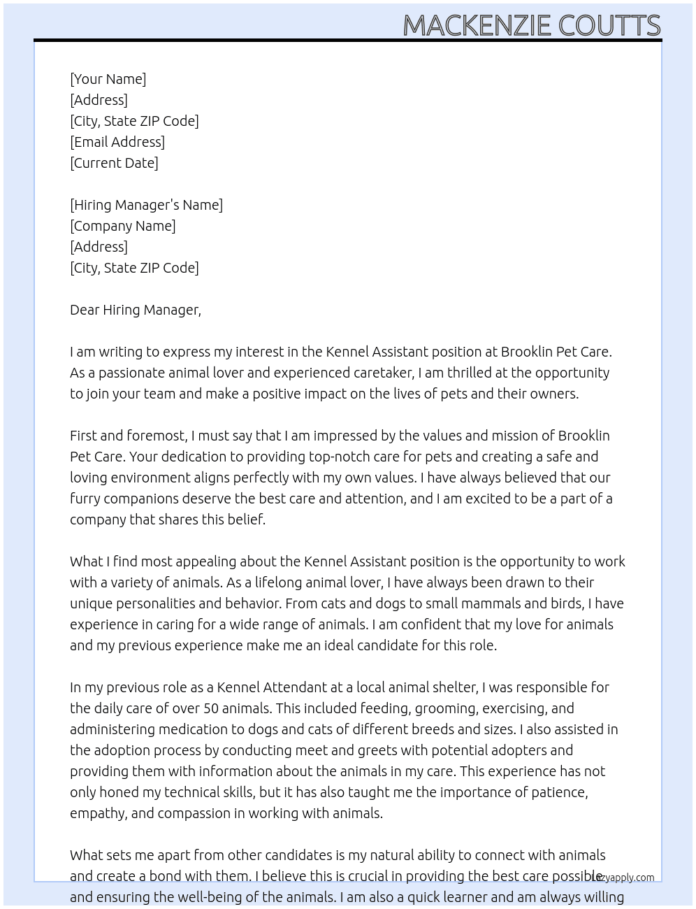 Kennel Assistant At Brooklin Pet Care Cover Letter