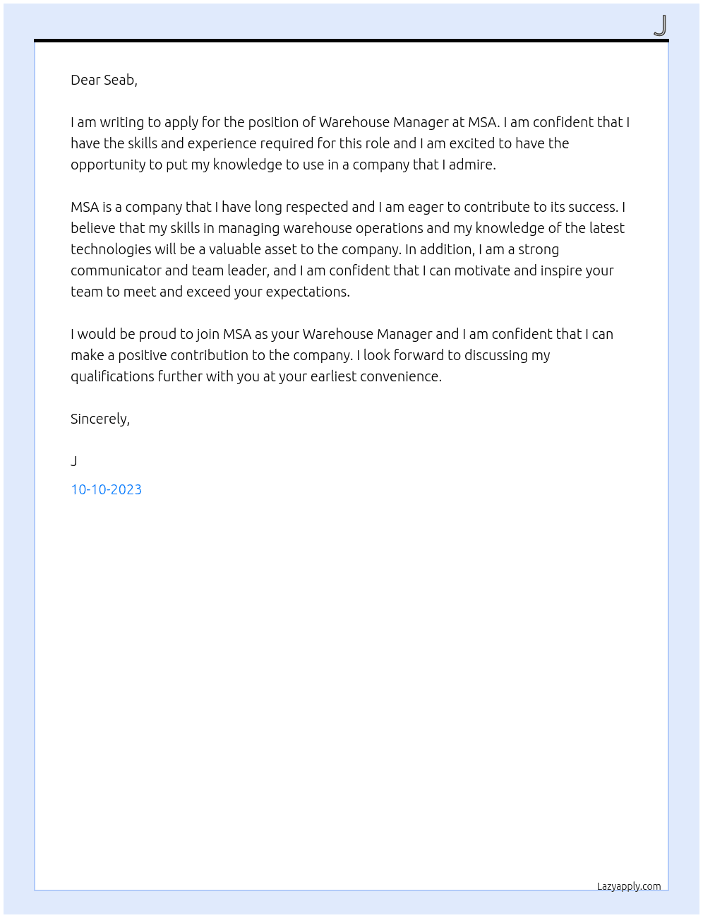 Warehouse Manager At MSA Cover Letter