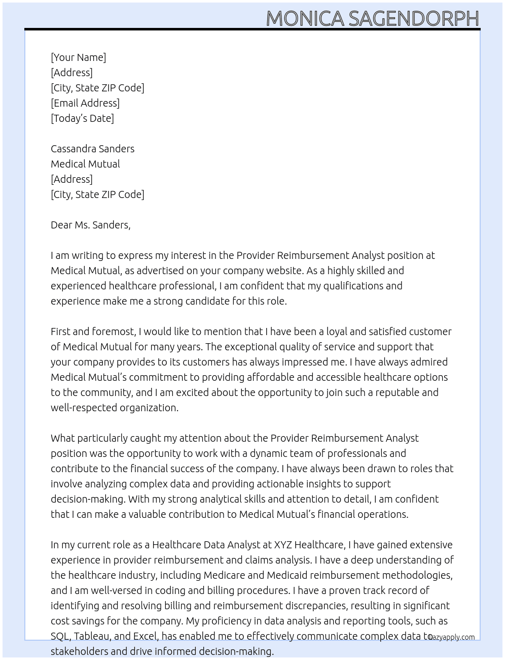Provider Reimbursement Analyst At Medical Mutual Cover Letter