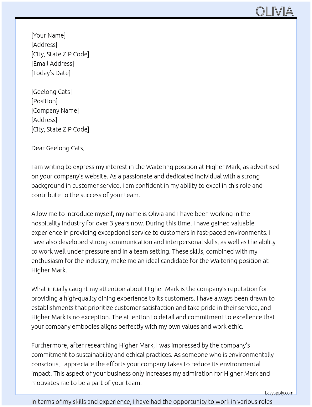 Cover letter for waitering - LazyApply