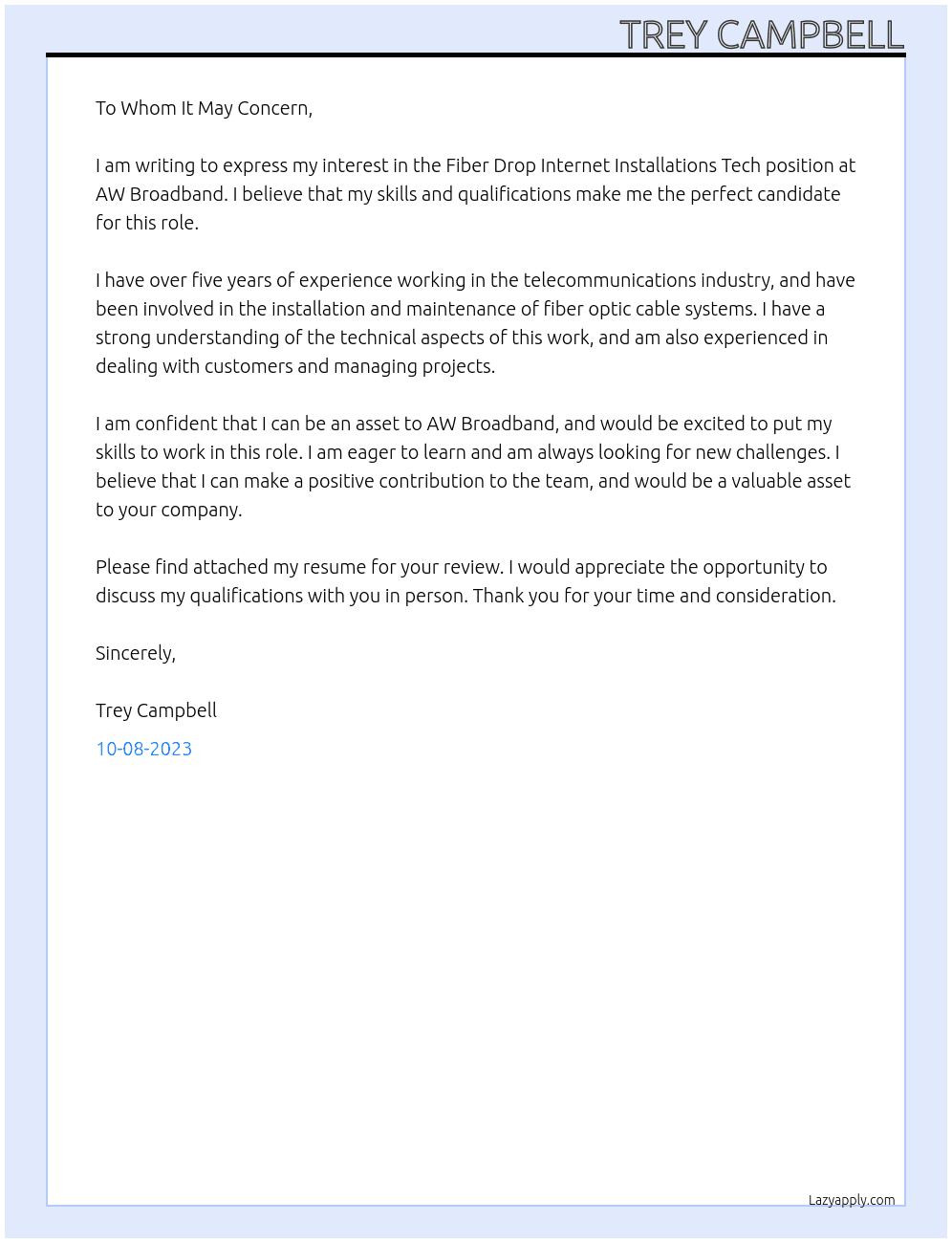 Fiber Drop Internet Installations Tech At AW Broadband  Cover Letter