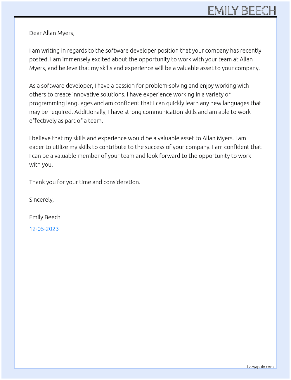 software devoloper At Allan Myers Cover Letter