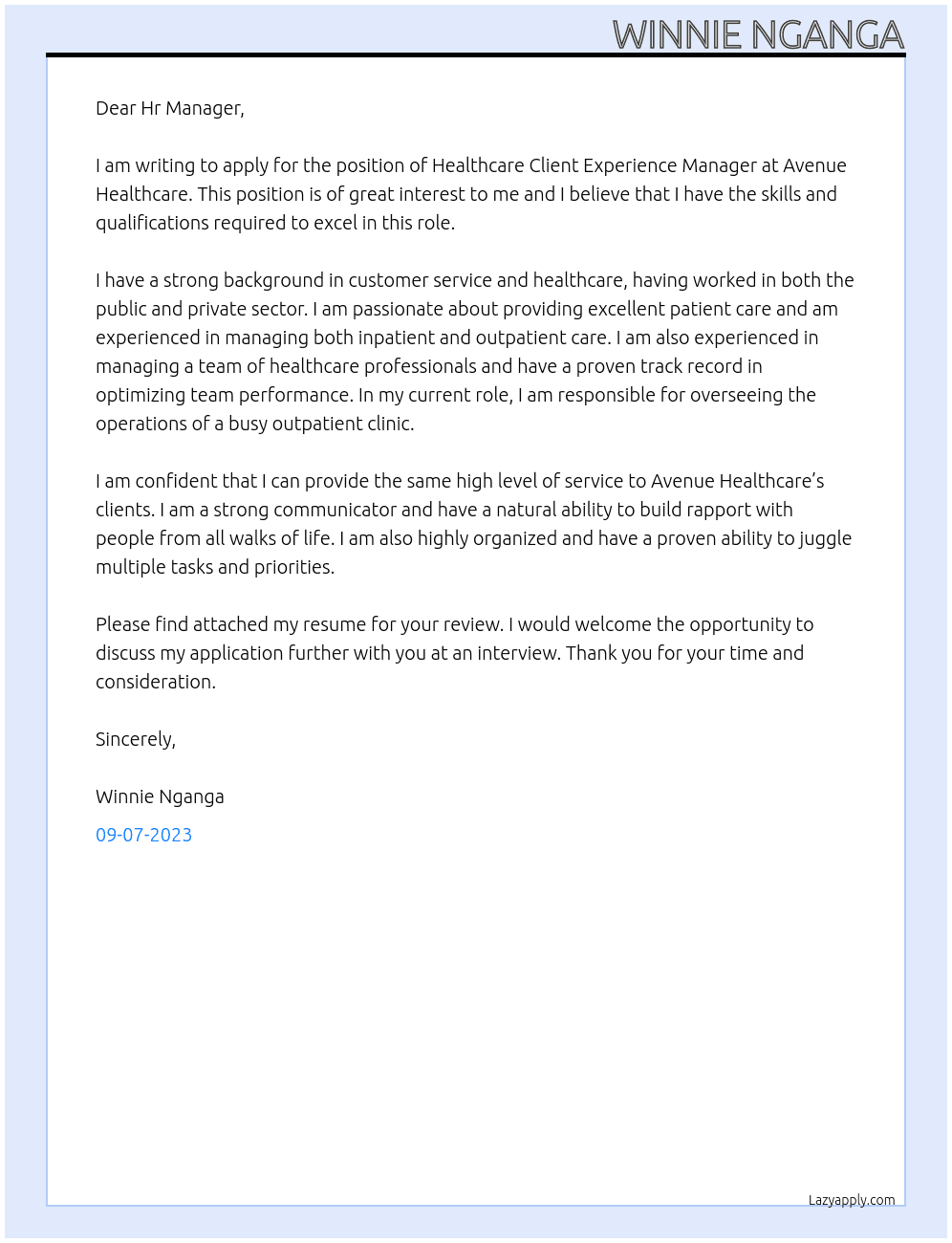 Healthcare Client Experience Manager At Avenue Healthcare Cover Letter
