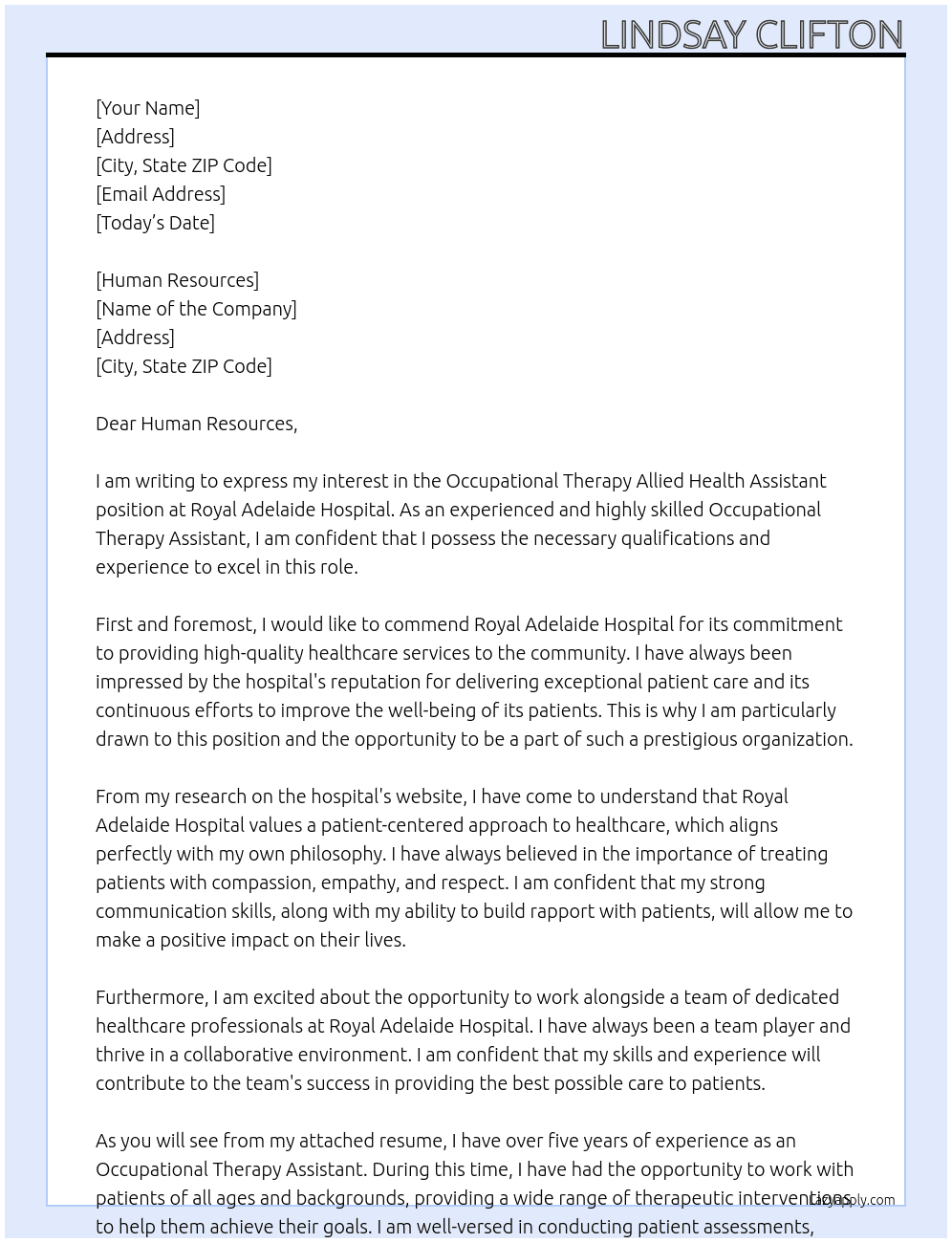 Occupational Therapy Allied HEALTH ASSISTANT At Royal Adelaide Hospital Cover Letter