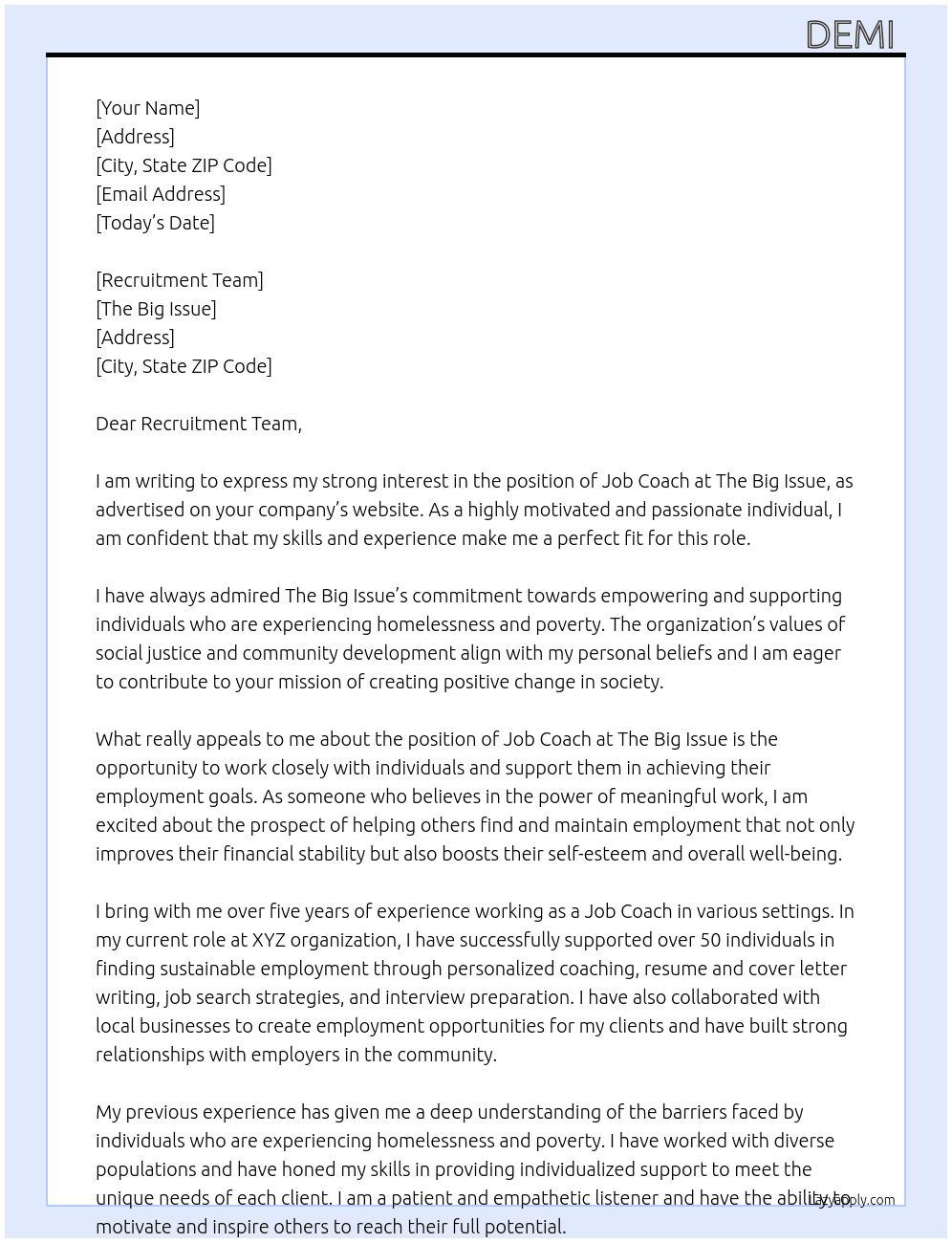 Job coach At The big issue  Cover Letter