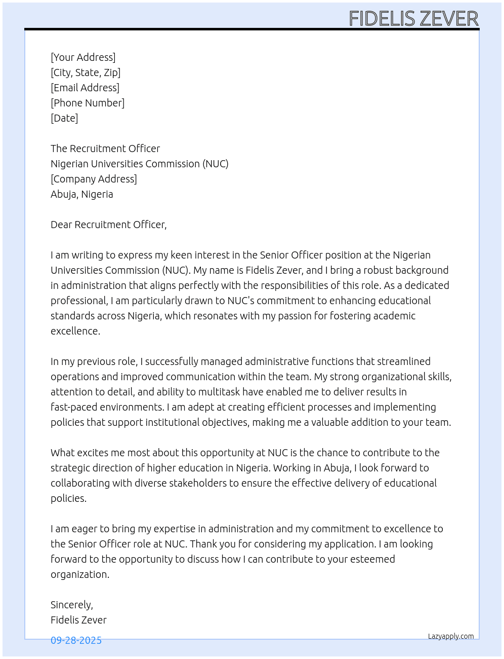 Senior Officer  At Nigerian Universities Commission (NUC) Cover Letter