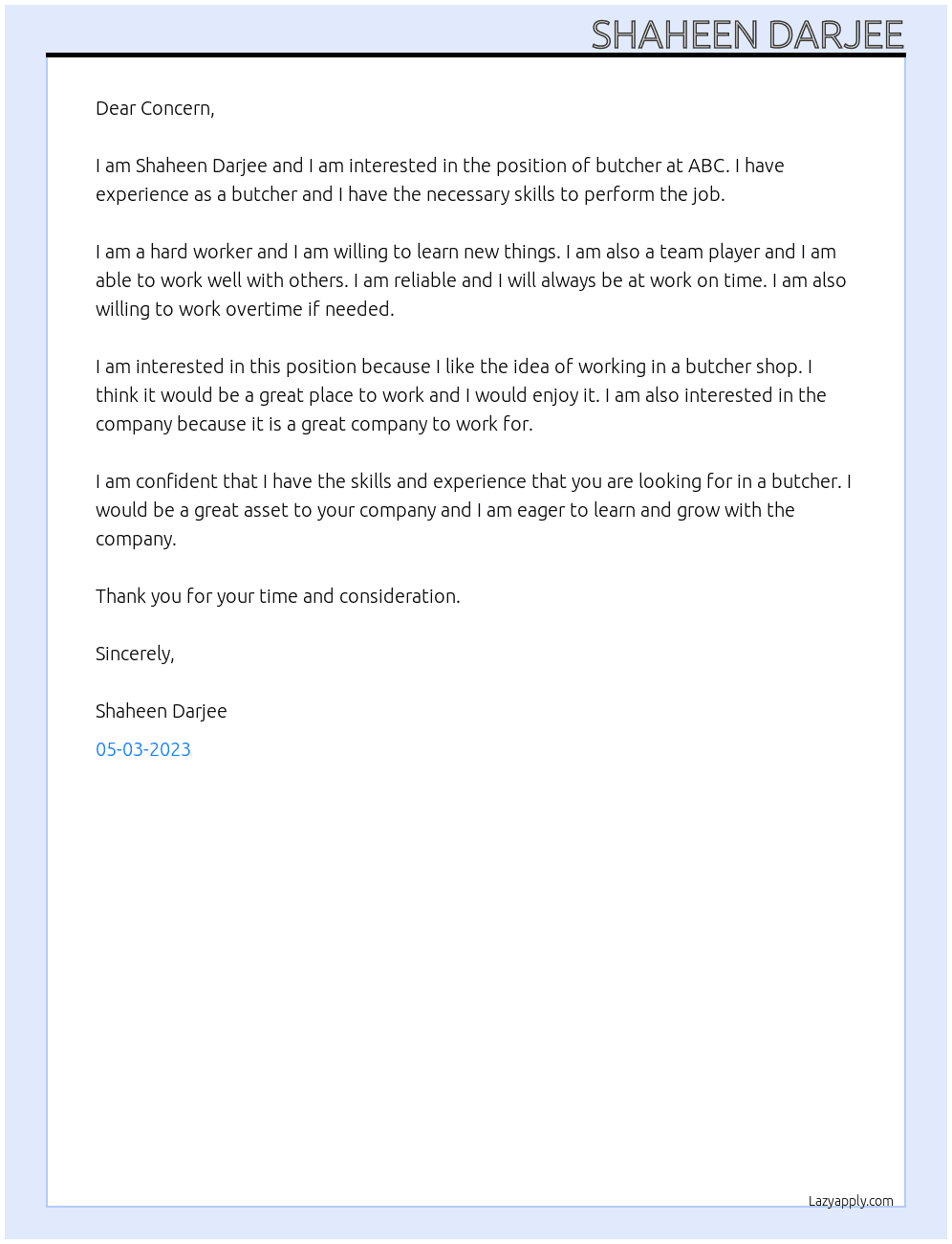 BUTCHER At ABC Cover Letter