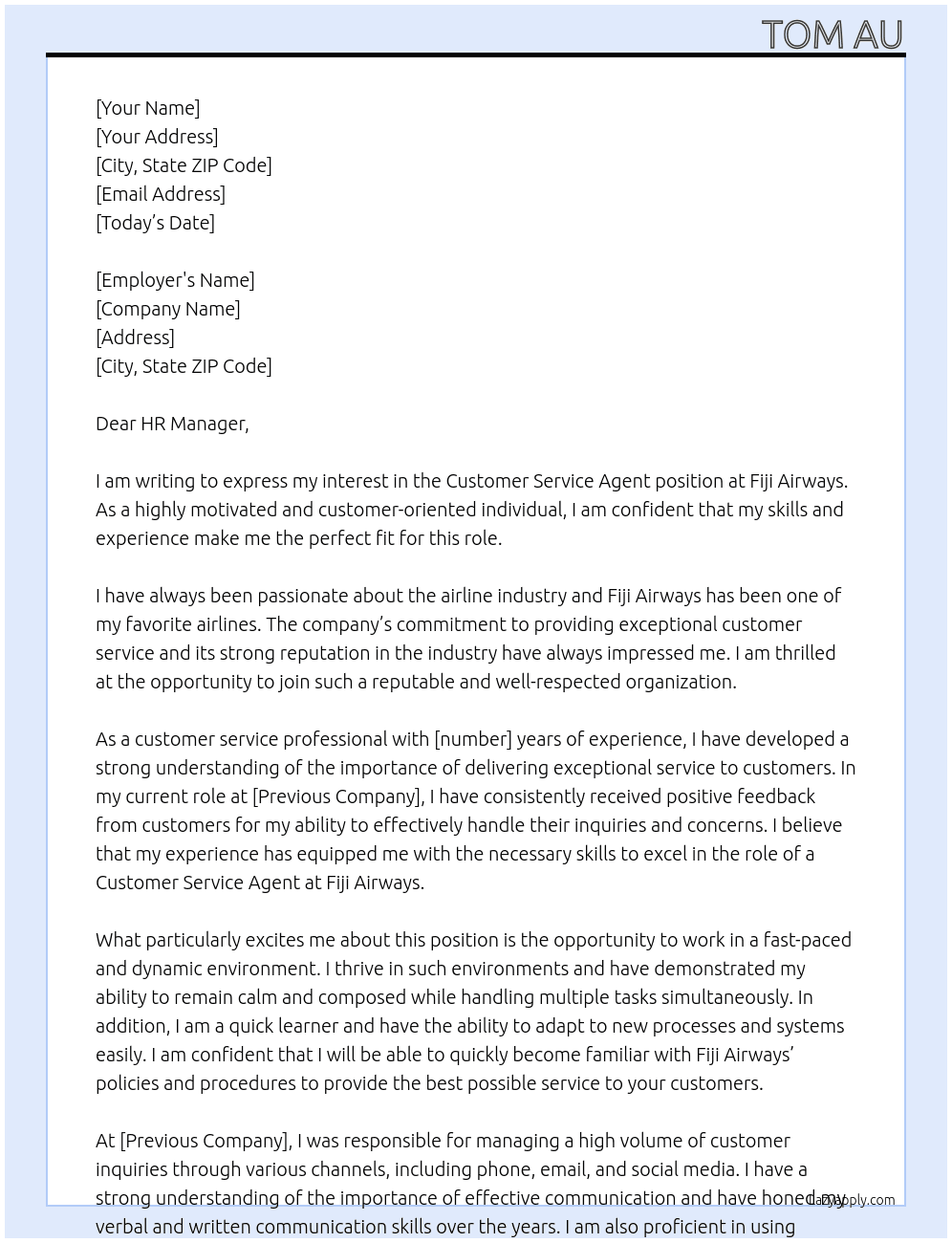 Customer Service Agent At Fiji Airways Cover Letter