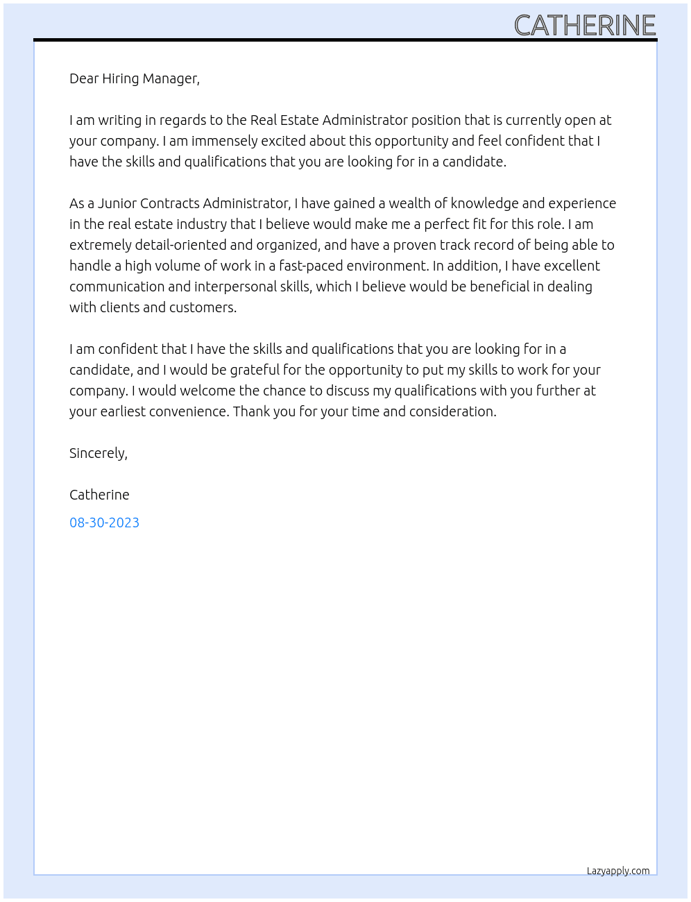 Real Estate Administrator At Junior Contracts Administrator Cover Letter