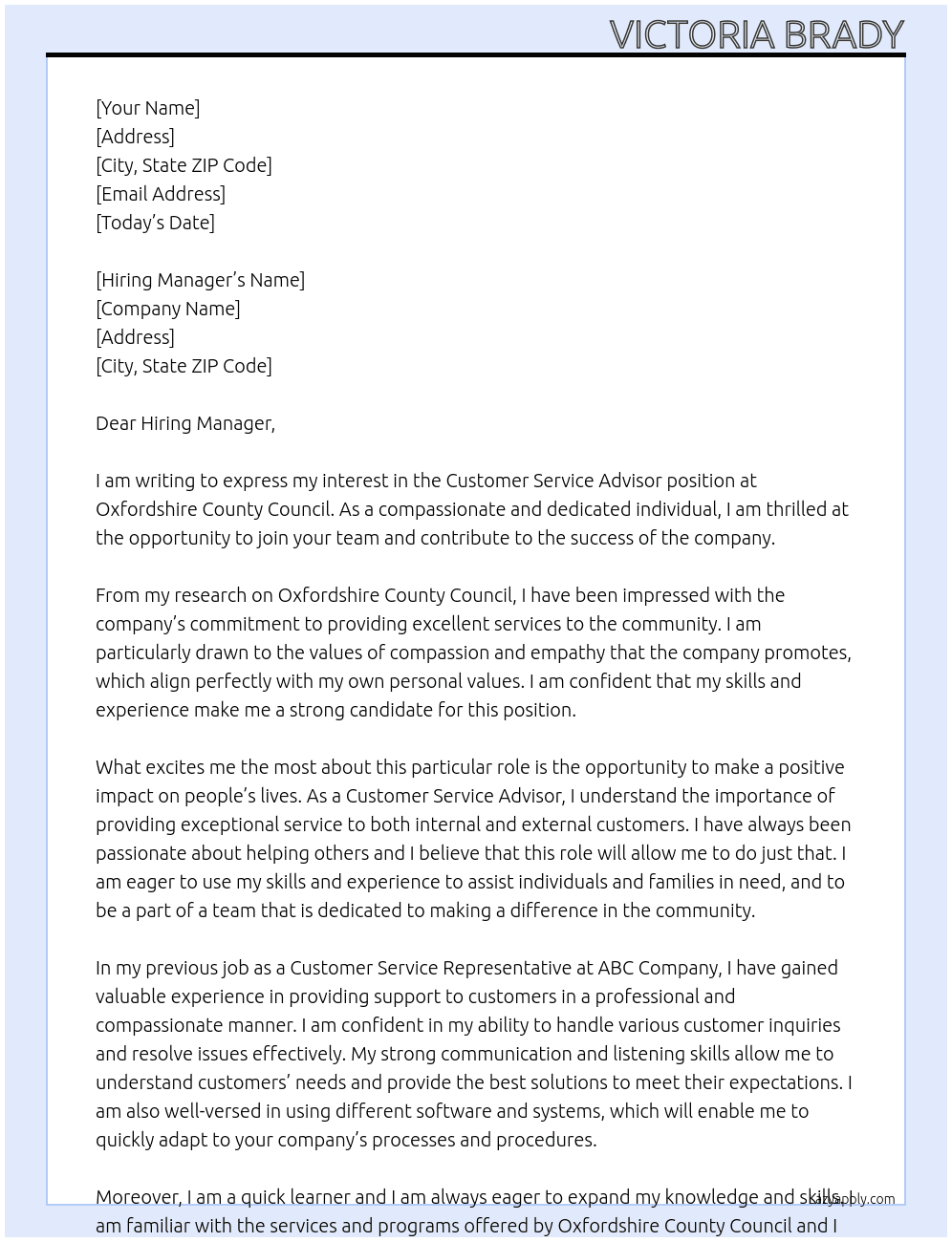 Customer Service Advisor At Oxfordshire County Council Cover Letter
