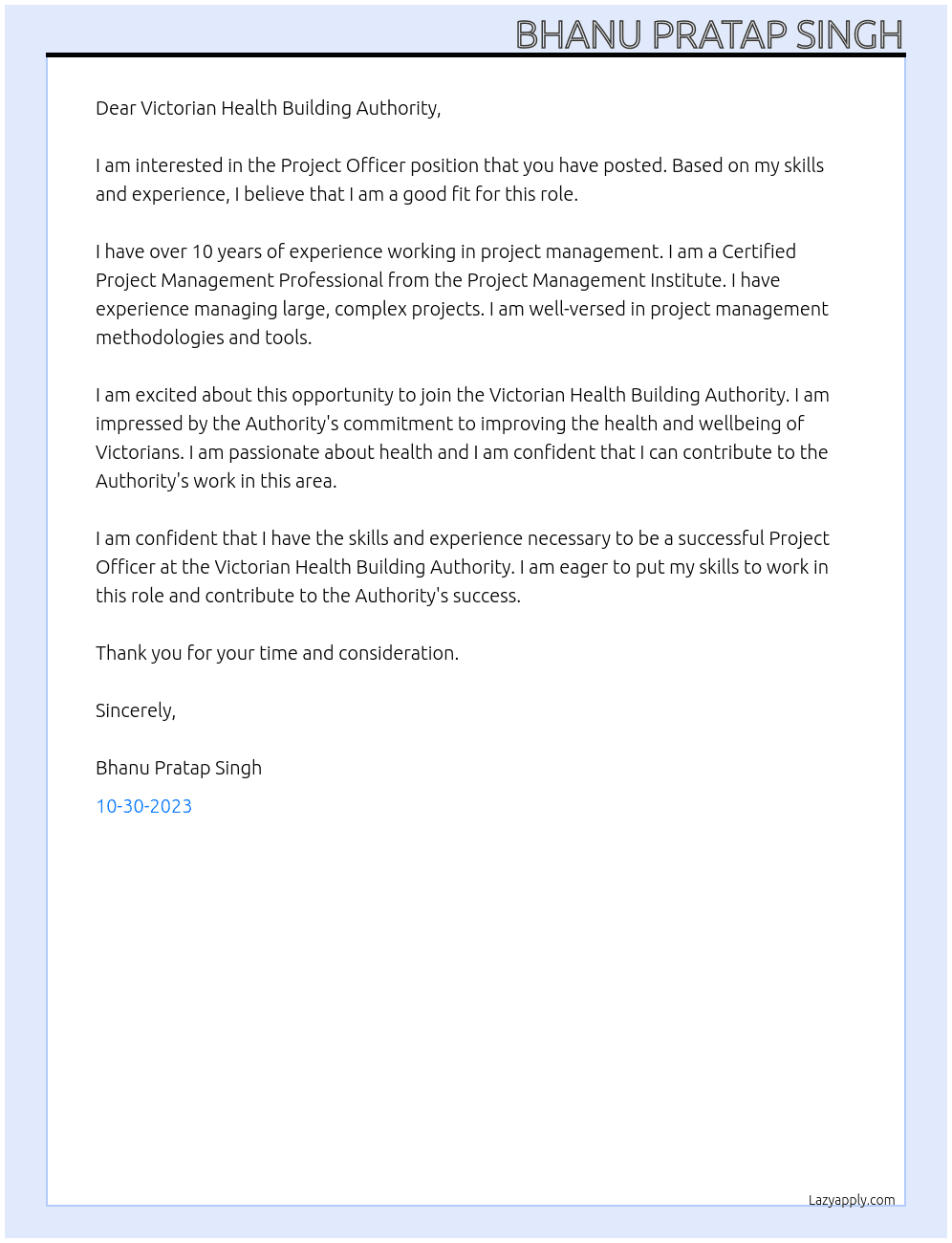project officer At Victorian Health Building Authority Cover Letter