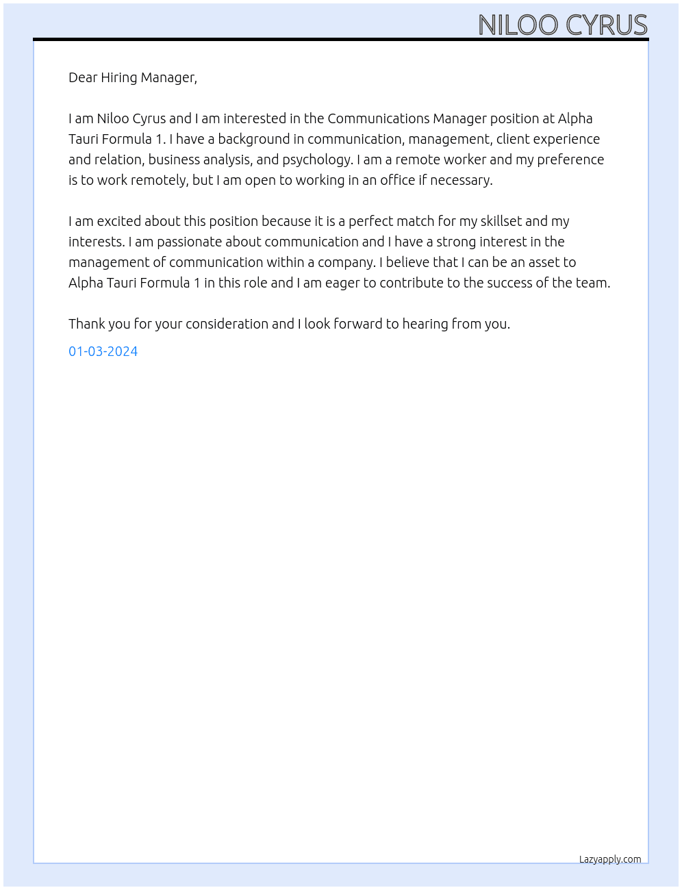 Communications Manager At Alpha Tauri Formula 1 Cover Letter