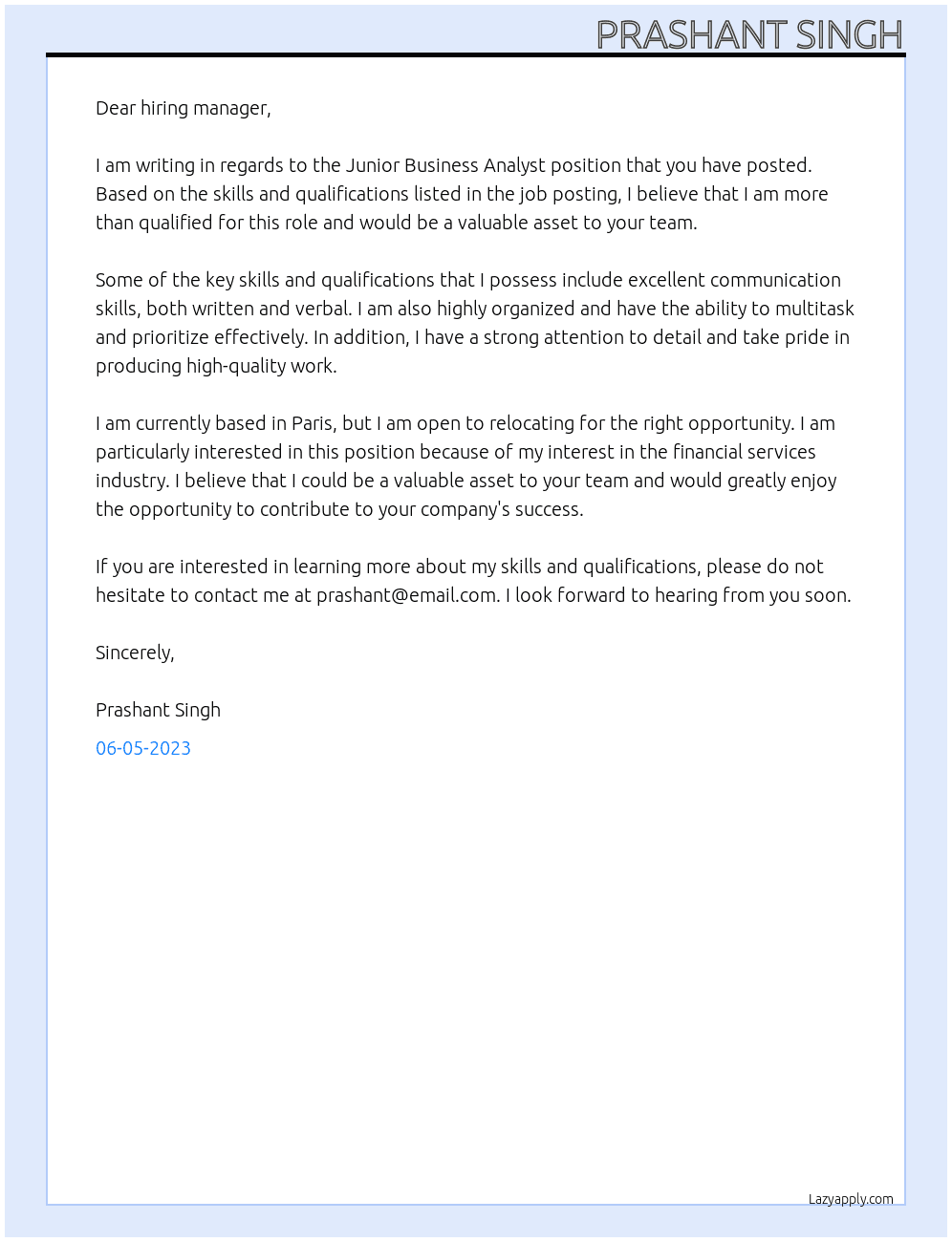 Junior Business Analyst  At AXA Cover Letter