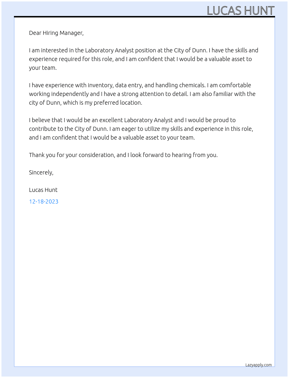 Laboratory Analyst At City of Dunn Cover Letter