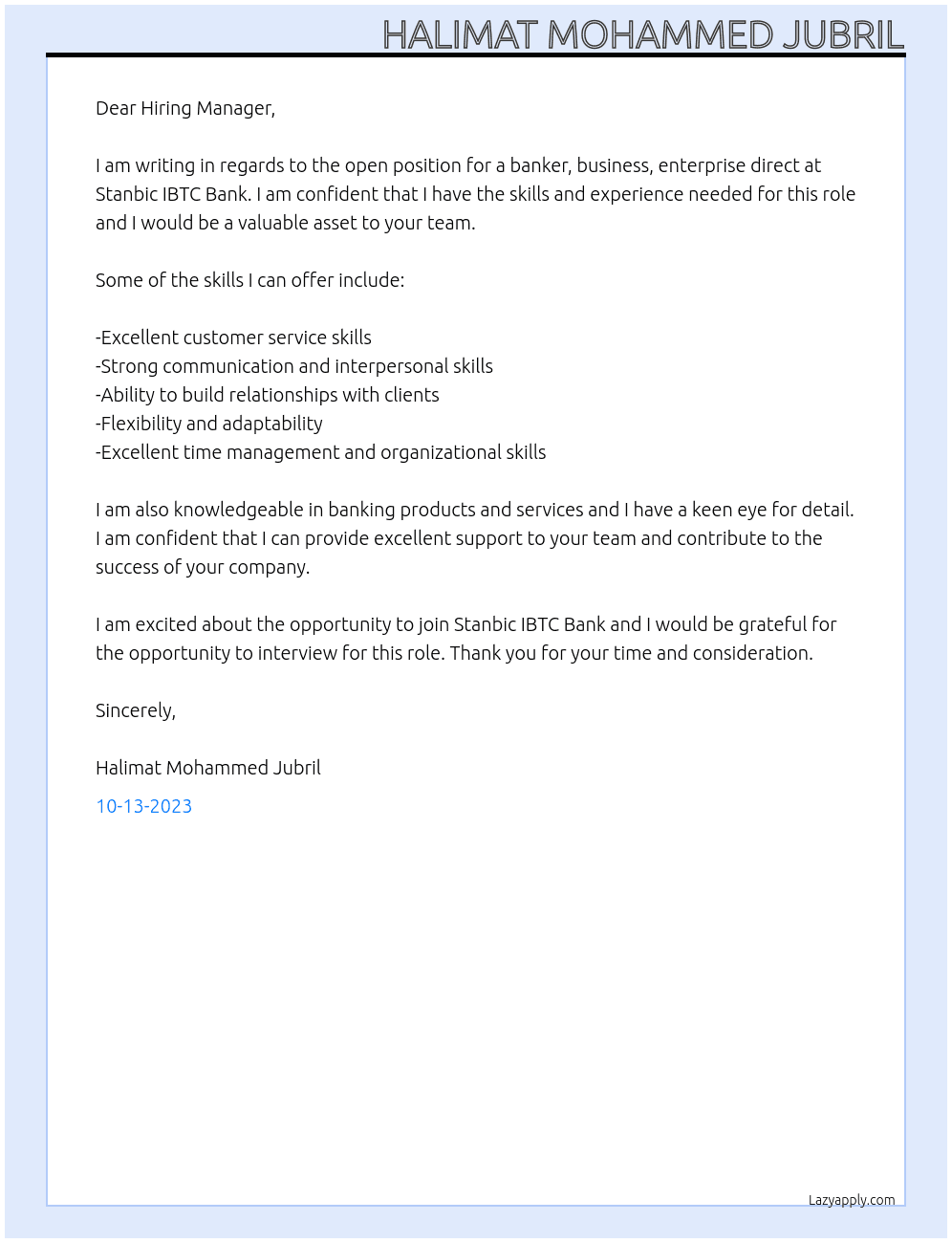 Banker, business, enterprise direct At Stanbic ibtc bank Cover Letter