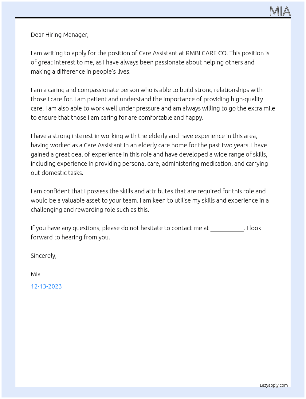 Care Assistant At RMBI CARE CO. Cover Letter