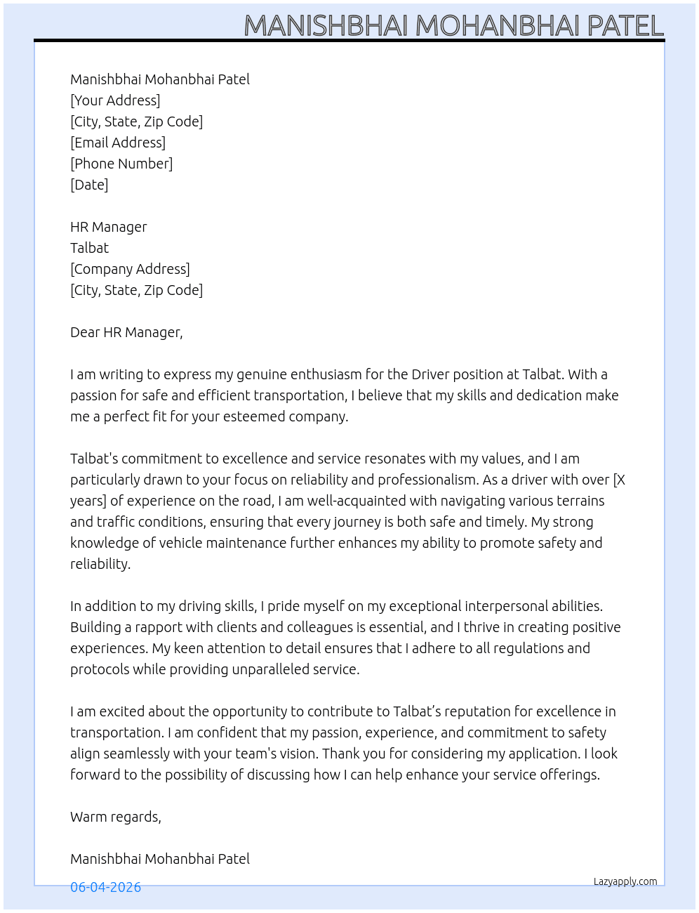 Driver  At Talbat  Cover Letter