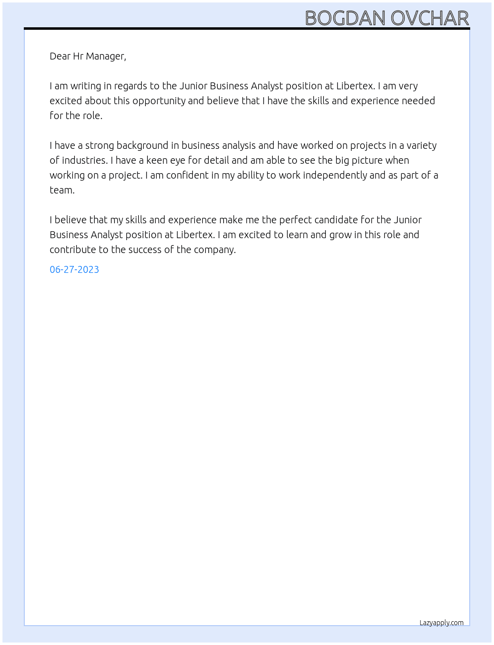 Junior Business Analyst At Libertex Cover Letter