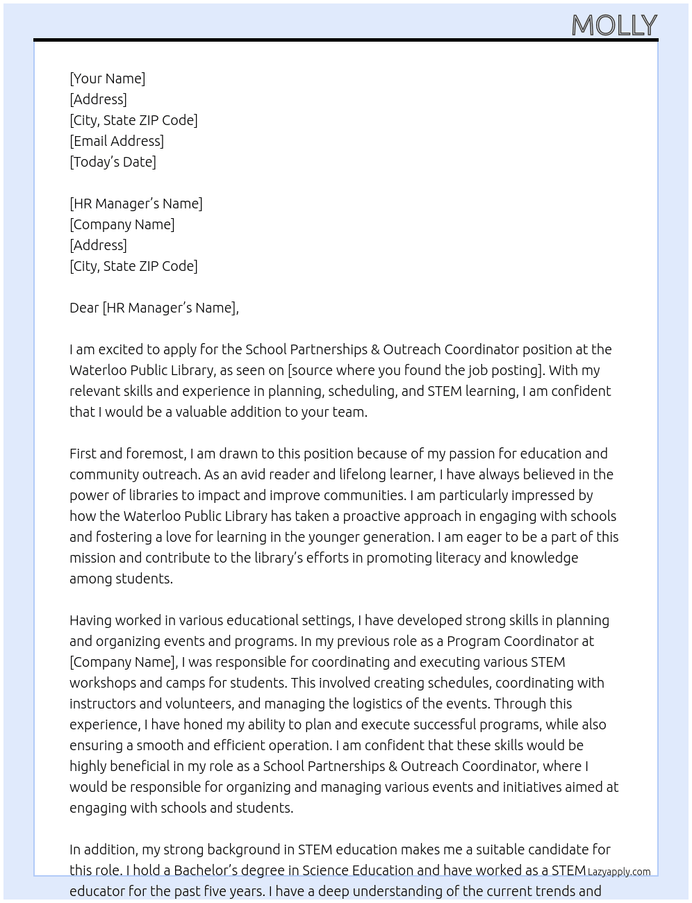 School Partnerships & Outreach Coordinator At Waterloo Public Library Cover Letter