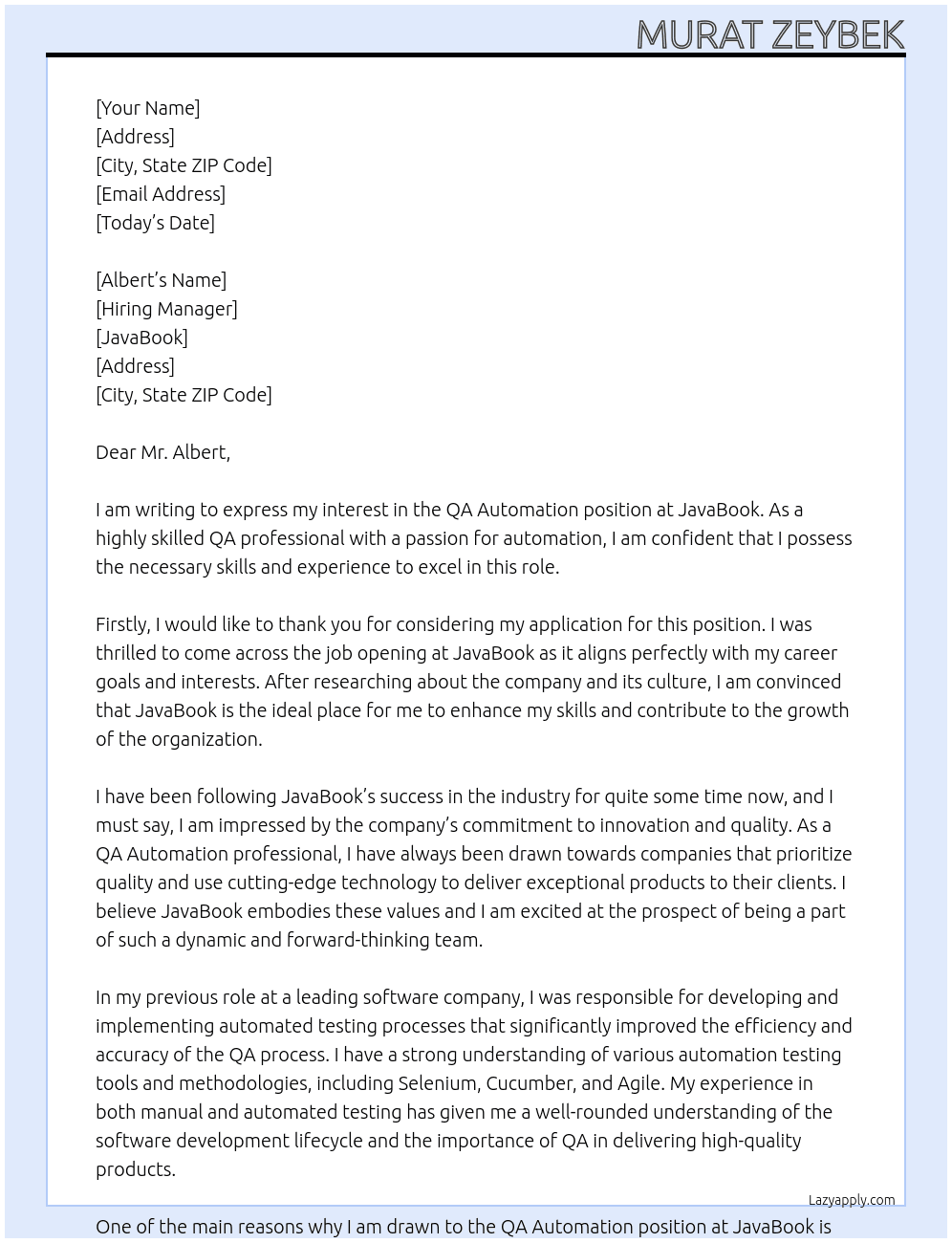 QA Automation At javaBook Cover Letter