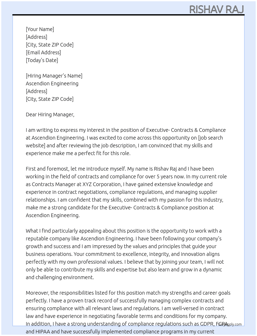 Executive- Contracts & Compliance At Ascendion Engineering Cover Letter