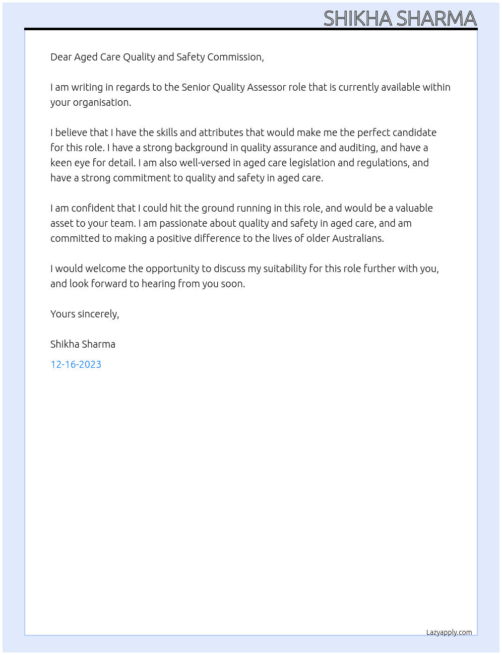 Senior  Quality Assessor At Australian Government Cover Letter