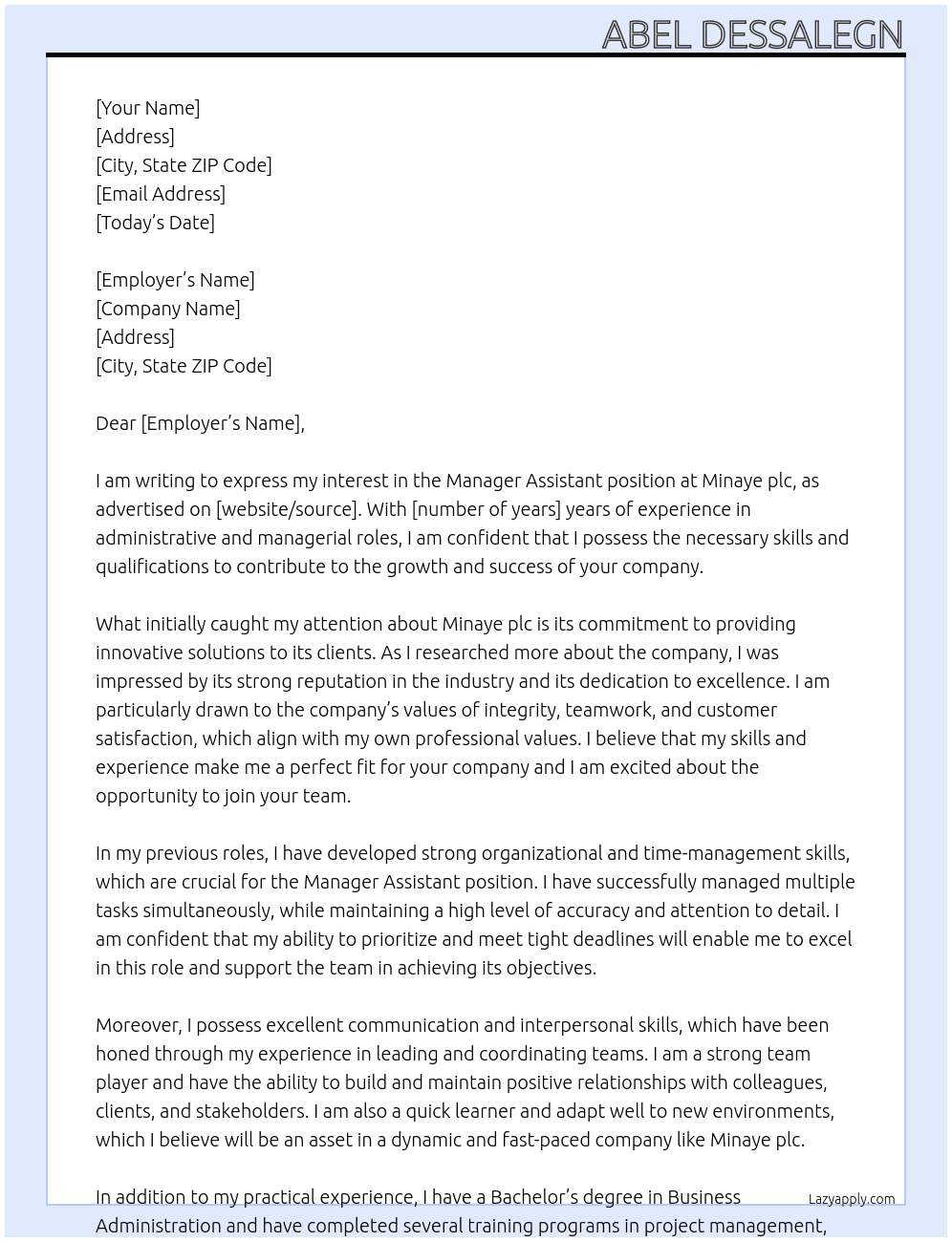 Cover letter for manager assistant - LazyApply