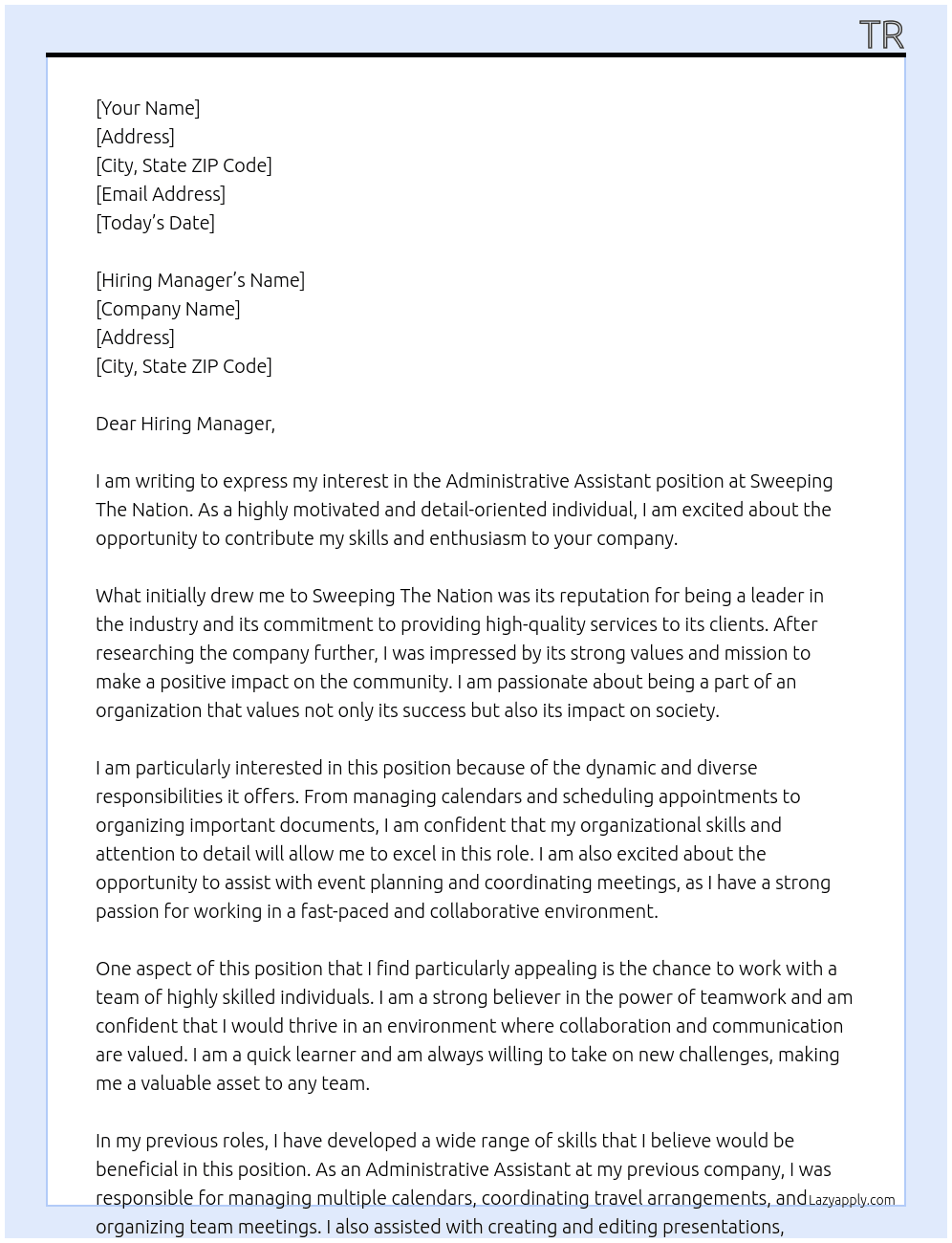 Administrative Assistant At Sweeping The Nation Cover Letter