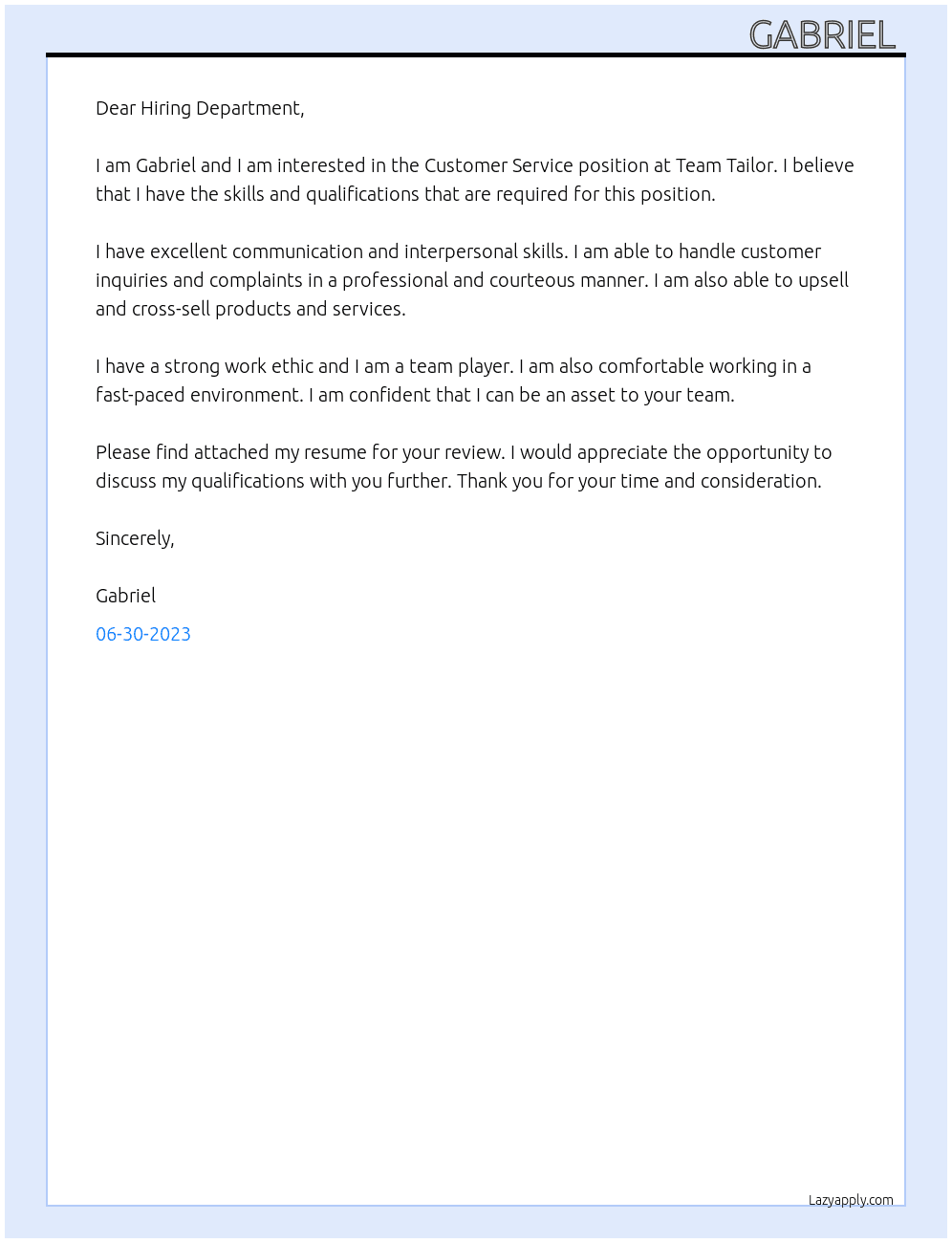 Customer Service At Team Tailor Cover Letter