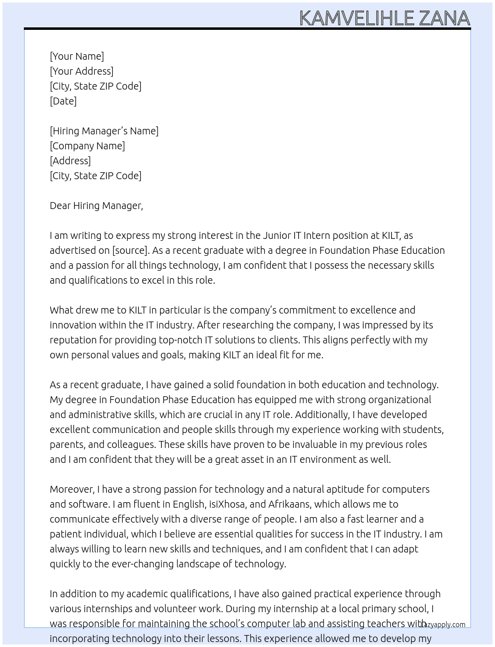Junior IT intern At KILT Cover Letter