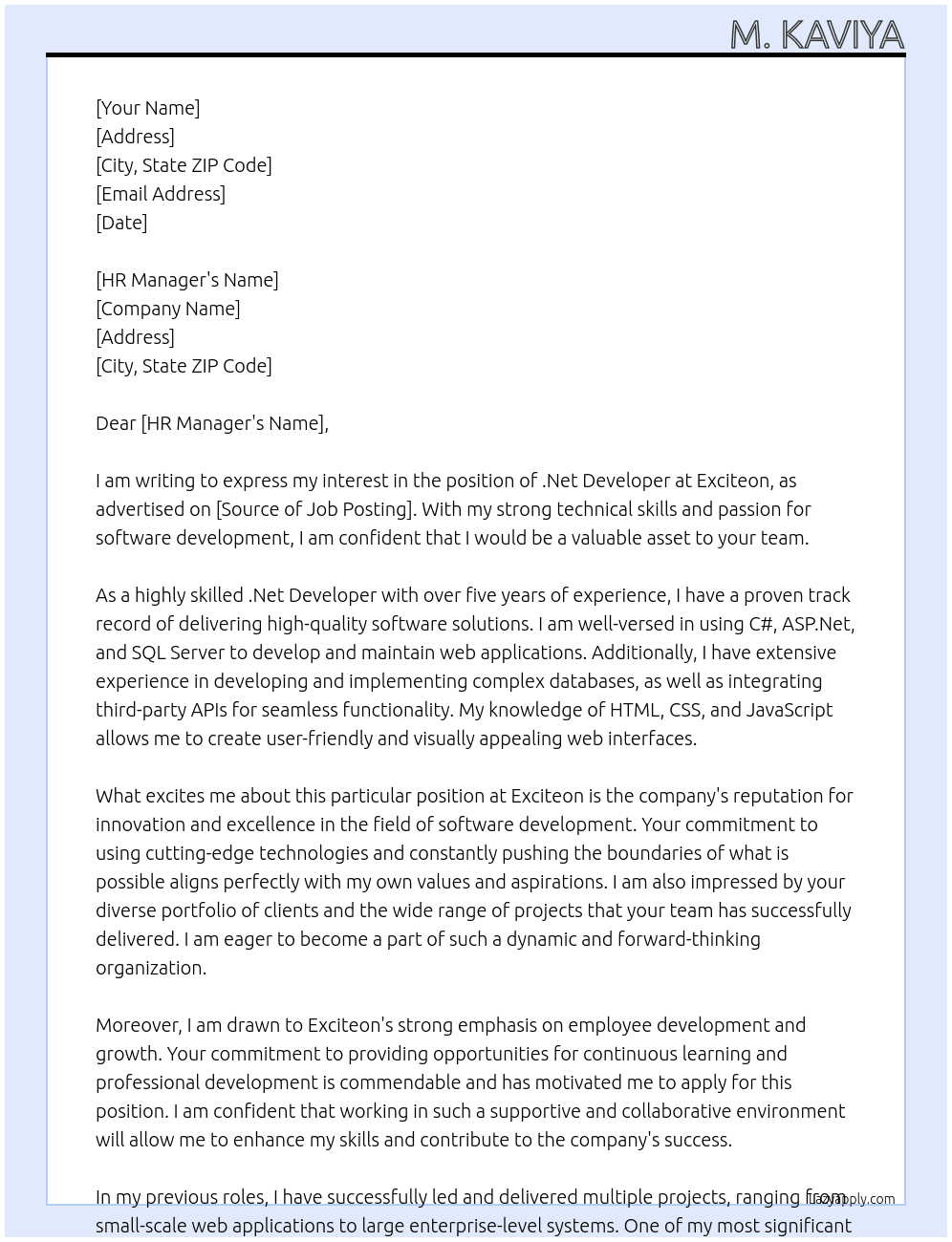 .net developer At Exciteon Cover Letter