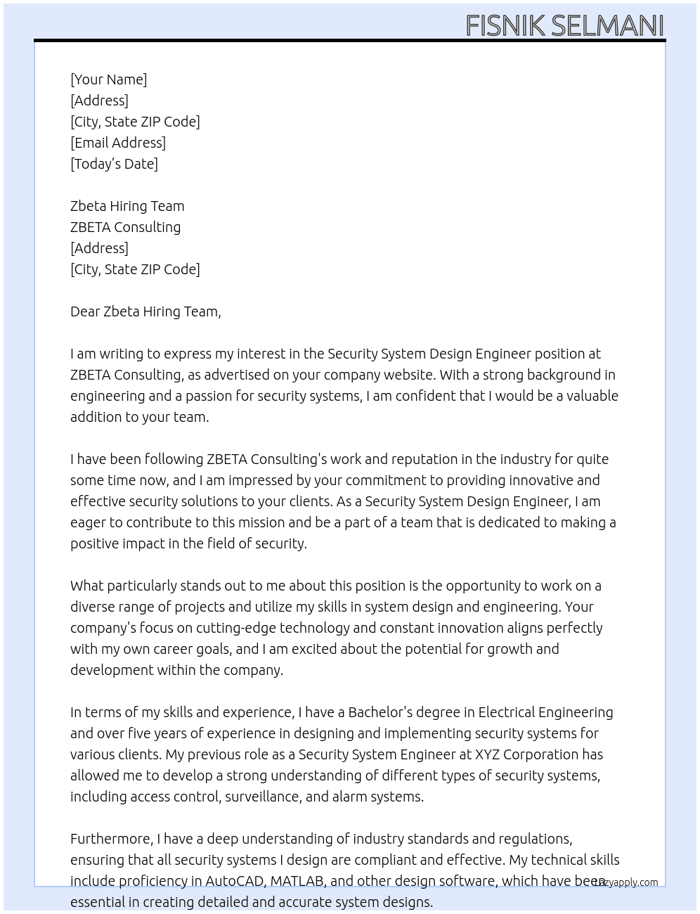 Security System Design Engineer At ZBETA Consulting Cover Letter