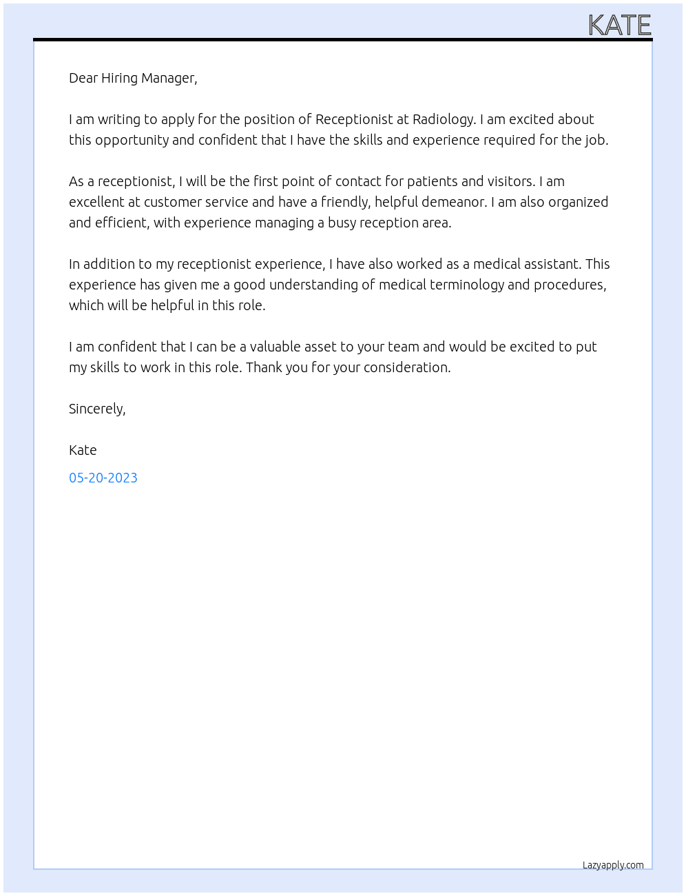 Receptionist At Radiology  Cover Letter