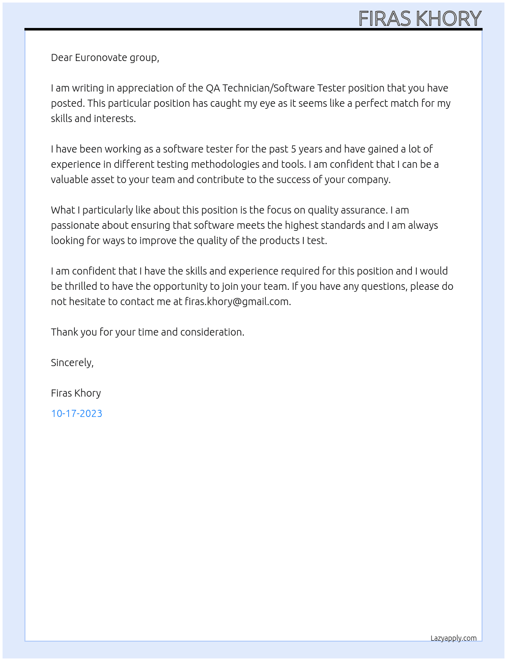 QA TECHNICIAN/SOFTWARE TESTER At Euronovate group Cover Letter