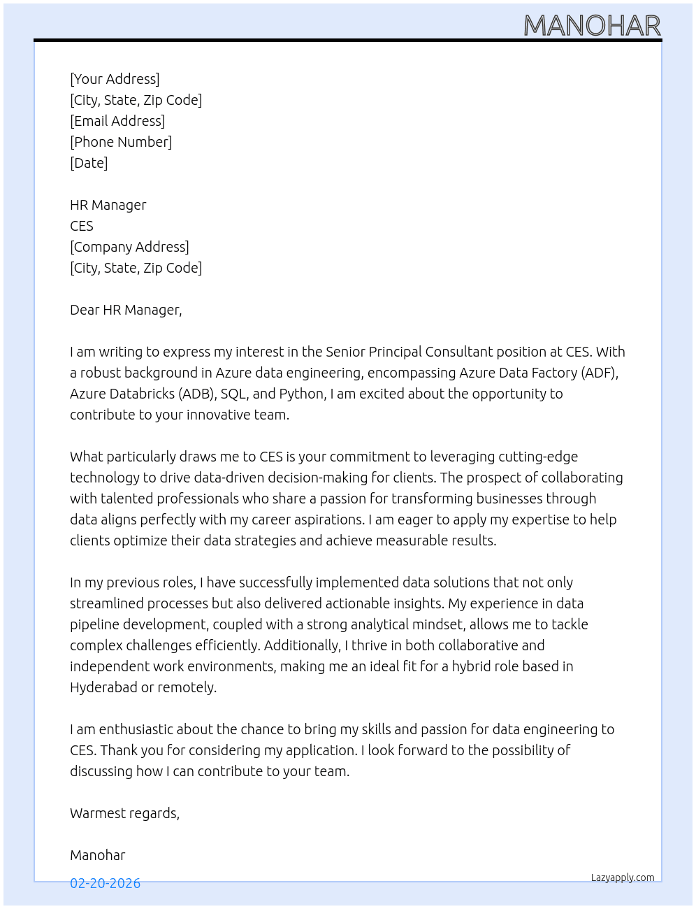 Senior principal consultant  At ces Cover Letter