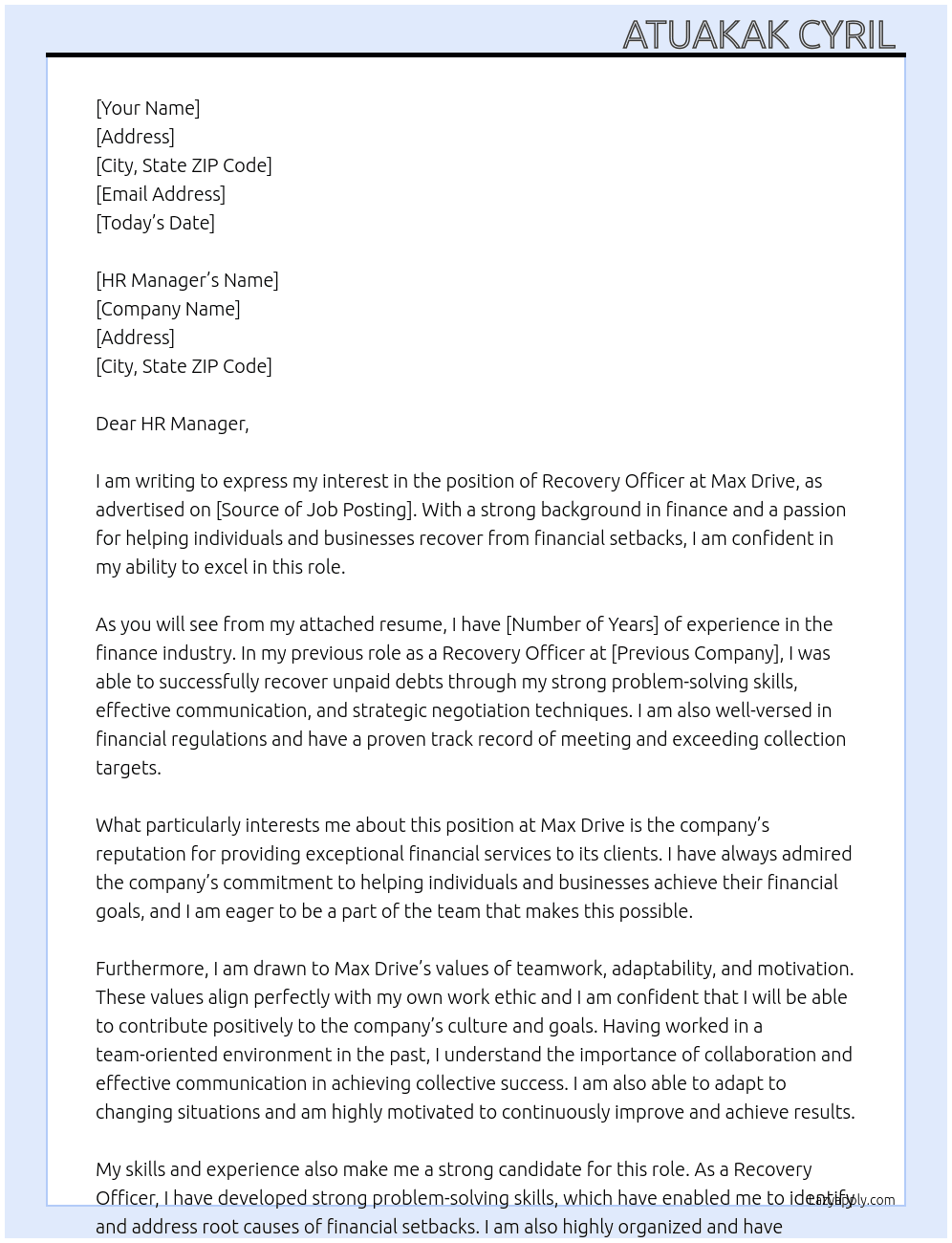Recovery Officer At Max Drive Cover Letter