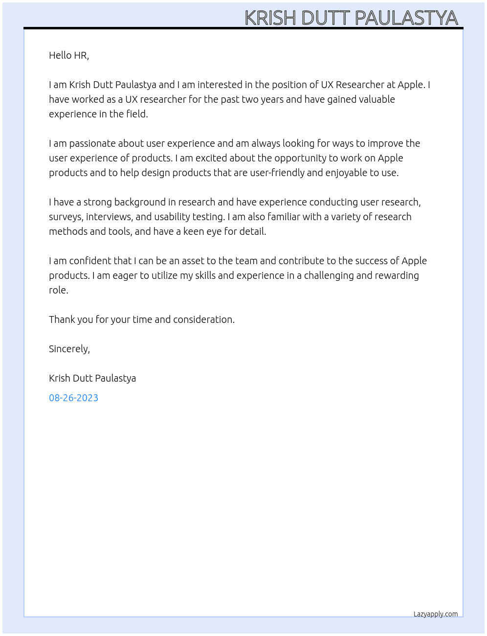UX Researcher At Apple Cover Letter