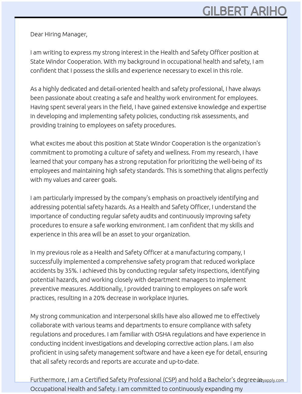 Health and safety officer  At State windor cooperation Cover Letter