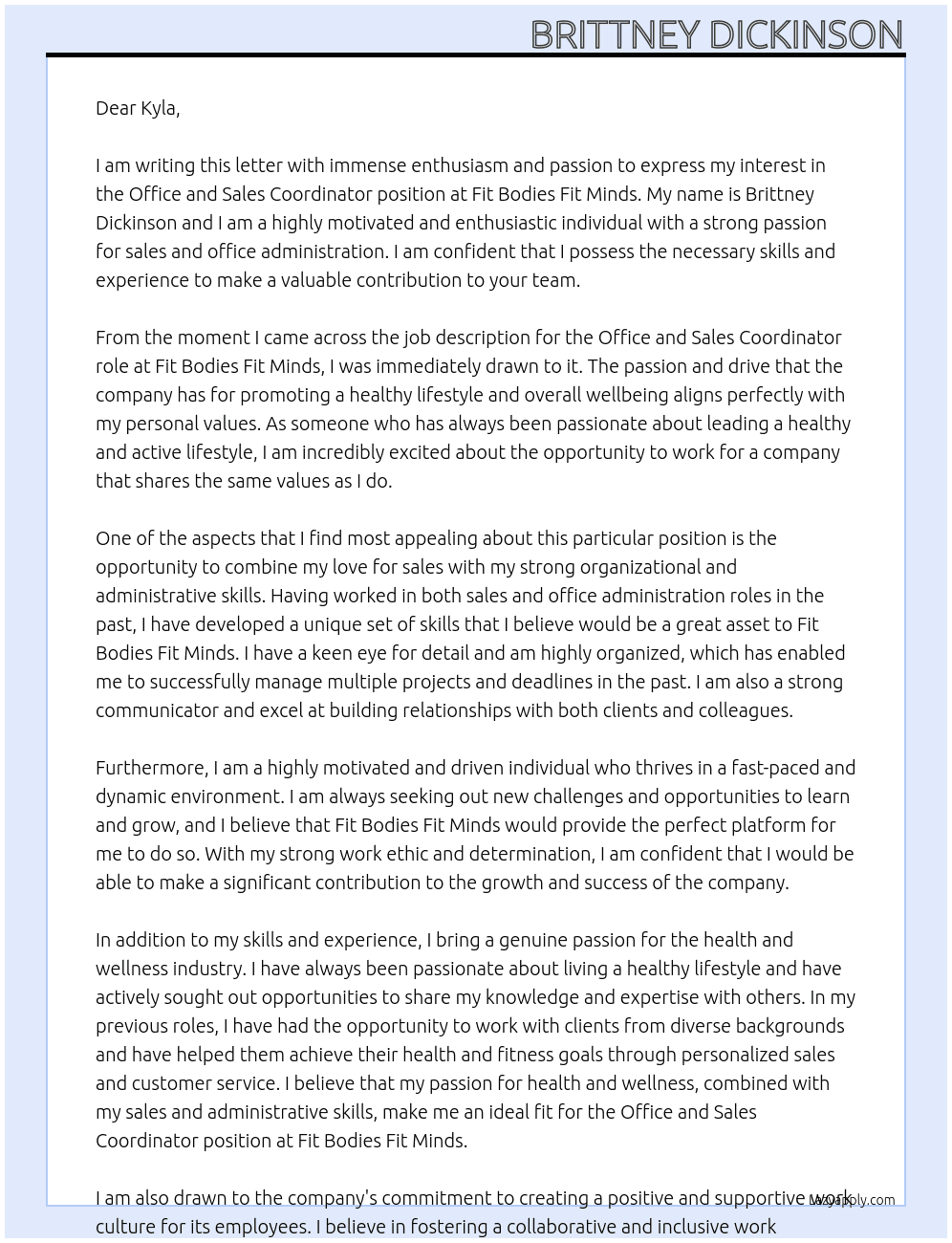 Office and sales coordinator  At Fit Bodies Fit Minds Cover Letter