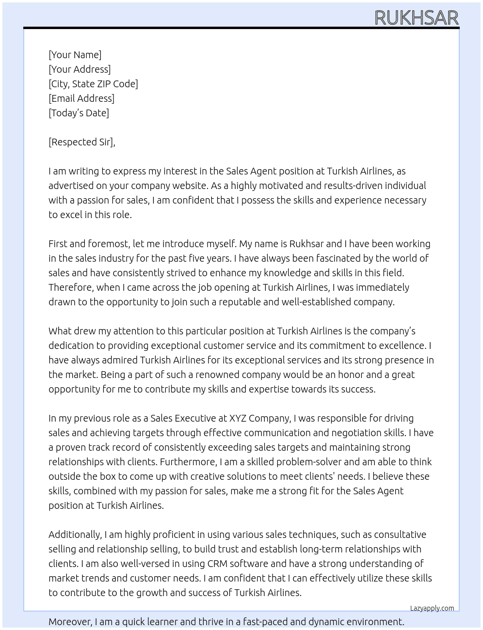 Sales Agent At Turkish Airline Cover Letter
