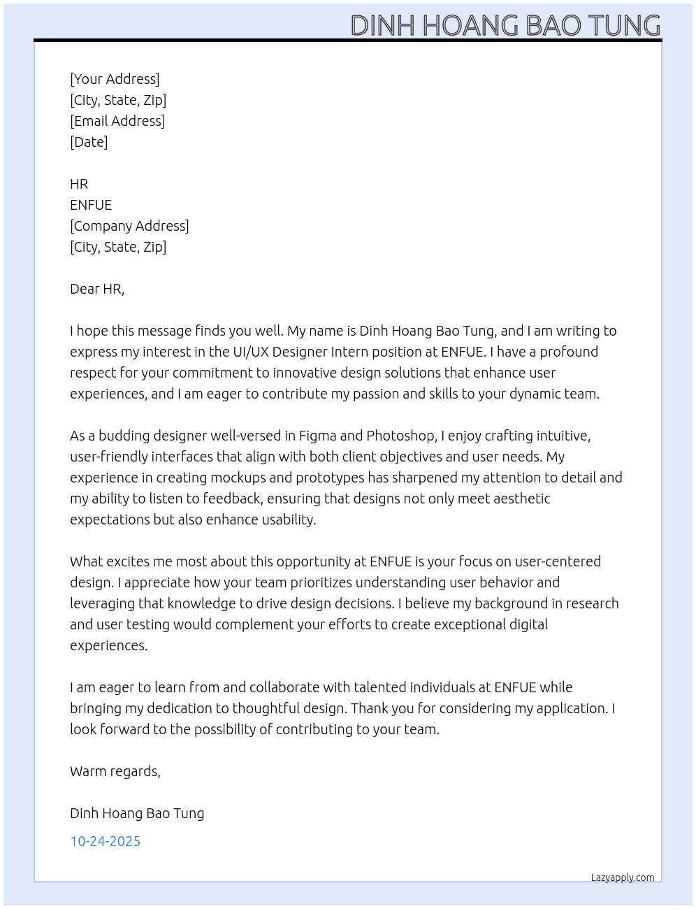 UI/UX designer intern At ENFUE Cover Letter