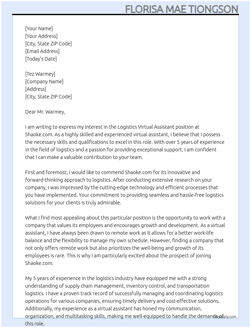 Logistics Virtual Assistant At https://shaoke.com/ Cover Letter
