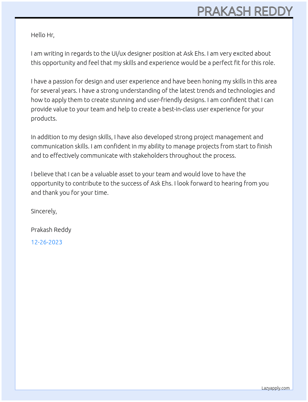 Ui/ux designer  At Ask Ehs Cover Letter