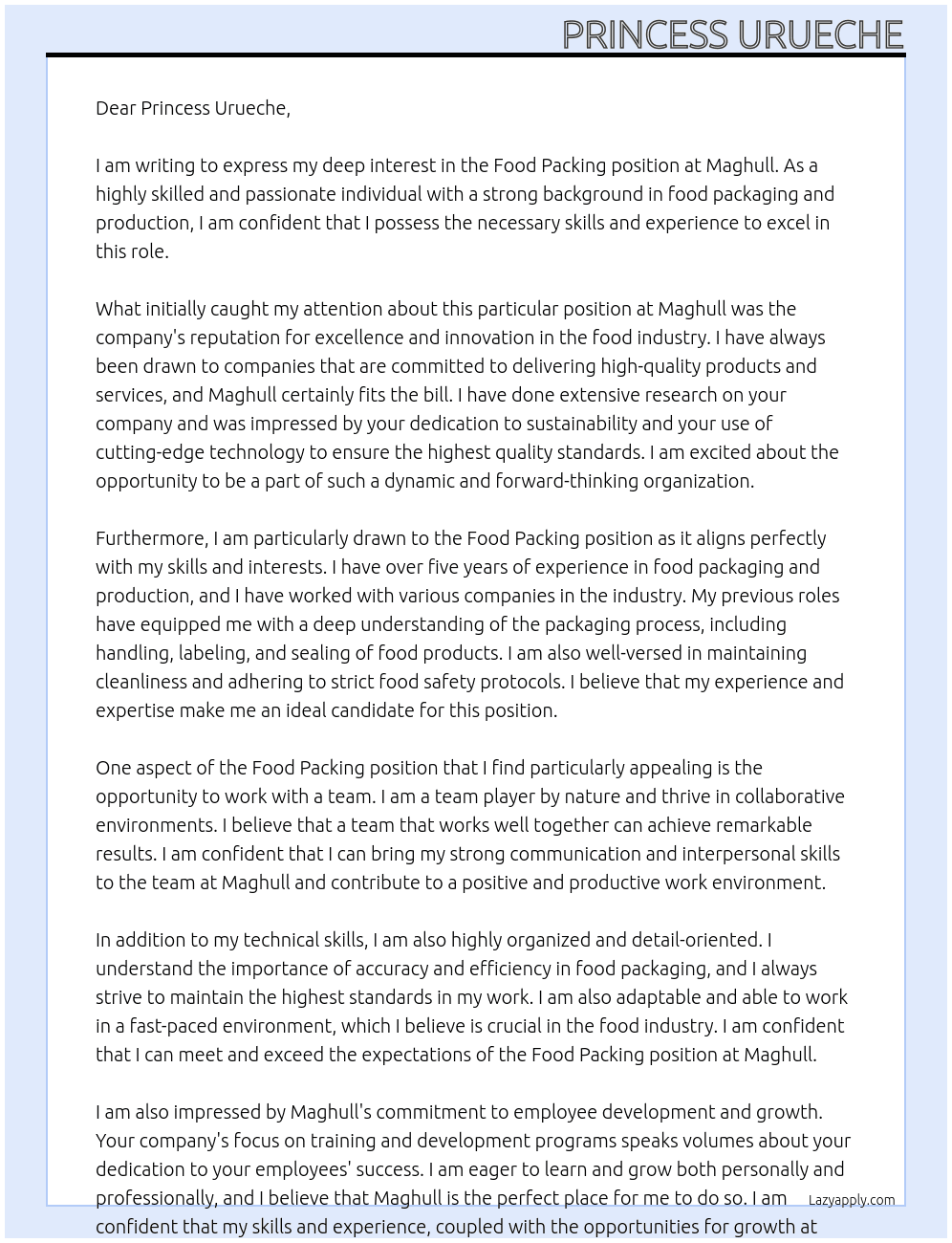 Food Packing  At Maghull  Cover Letter