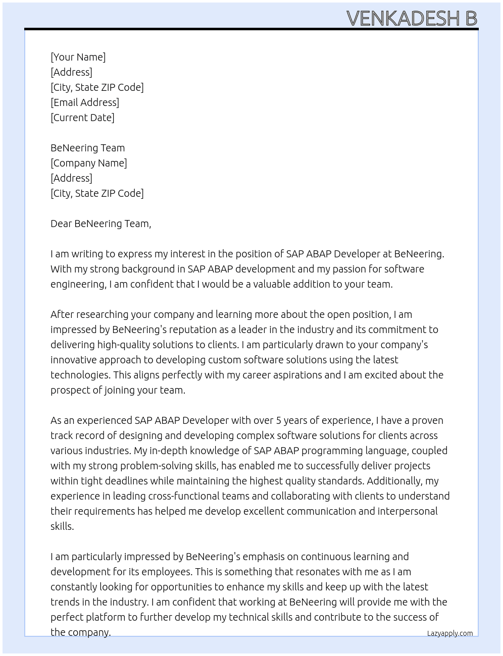 Cover letter for sap abap developer - LazyApply