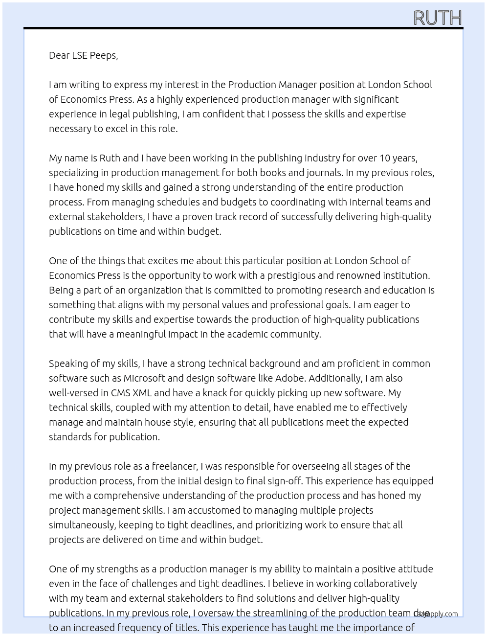 production manager At London School of Economics Press Cover Letter